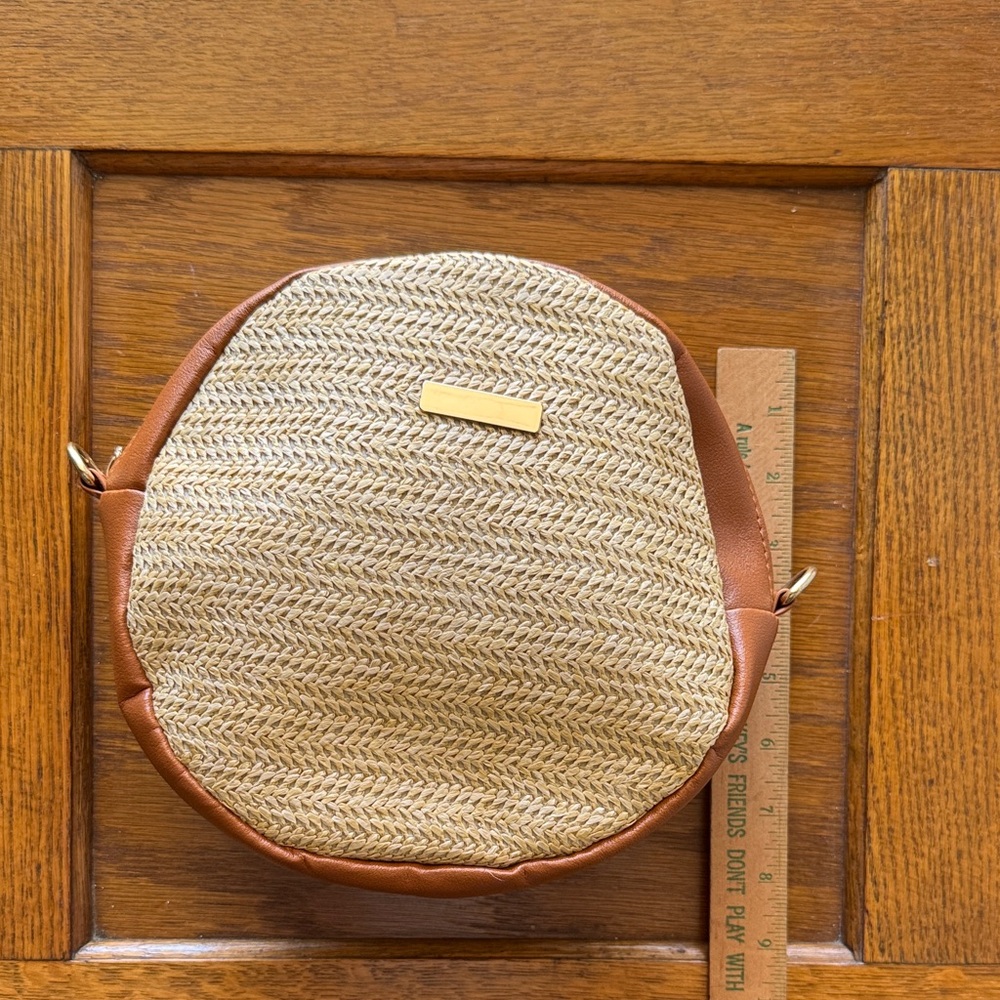 Round Woven Crossbody Bag with Brown Trim